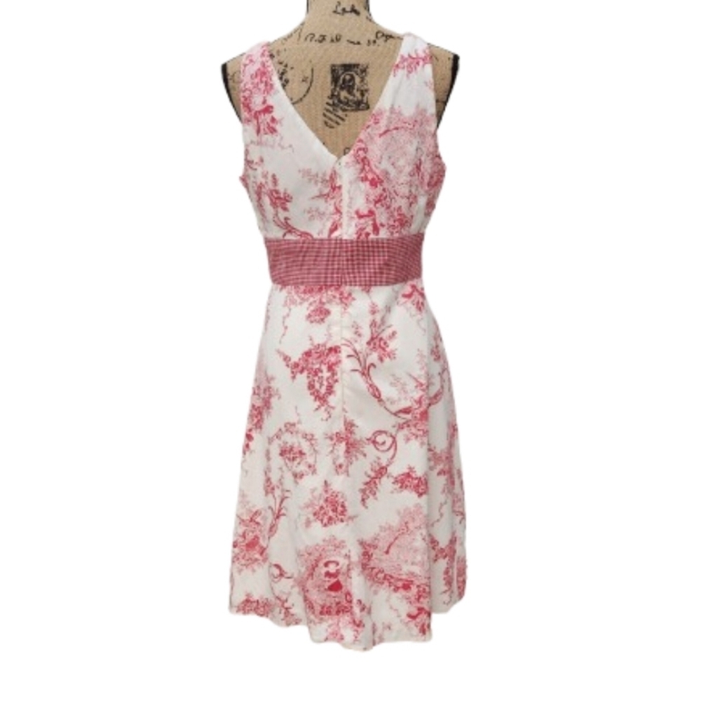 Vintage Sam TY Y2K Toile Linen Midi Dress White/Pink US Womens 10 - Picture 7 of 9